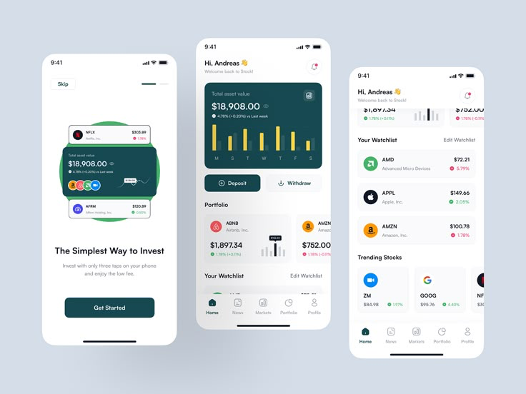 Investment portfolio mobile app interface